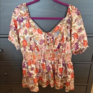Torrid Floral Smocked Peplum Top - Pink/Coral Mix